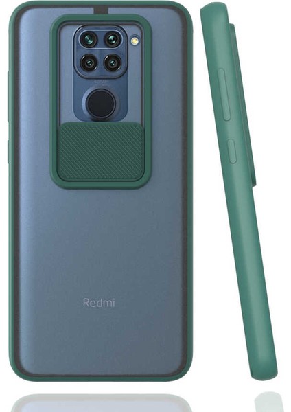 Xiaomi Redmi Note 9 Kılıf Lens Sürgülü Kamera Korumalı Silikon - Koyu Yeşil