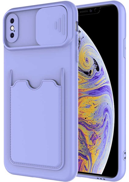 Apple iPhone Xs Max 6.5 Kılıf Lens Sürgülü Kartvizitli Silikon - Lila