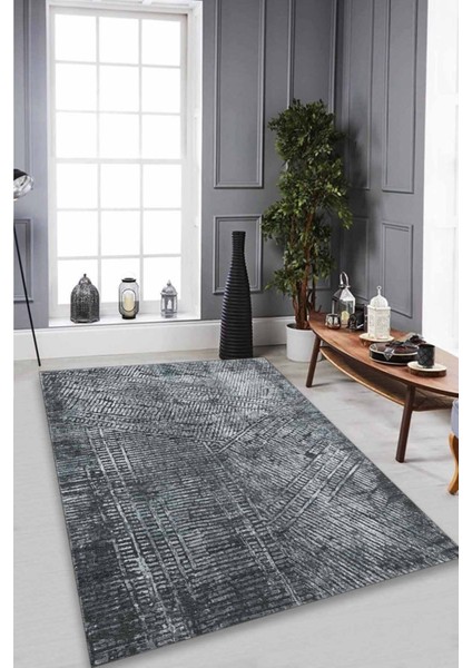 Eskitme Çizgisel Antrasit Halı (Makinada Yıkanabilir Kaymaz Dot Taban) - WL1350