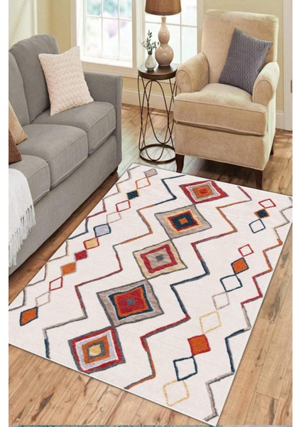 Şönil Kilim Desenli Krem Halı (Makinada Yıkanabilir Kaymaz Dot Taban) - WL1361