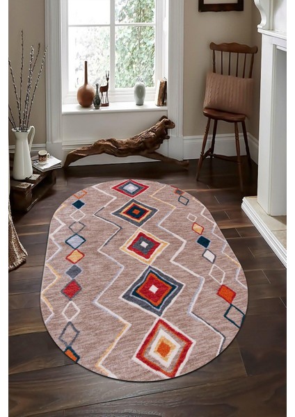 Şönil Kilim Desenli Kahve Oval Halı (Makinada Yıkanabilir Kaymaz Dot Taban) - WL1360-2