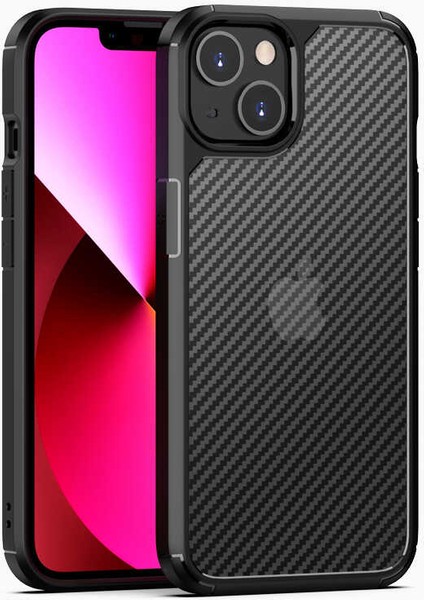 Apple iPhone 13 Mini Kılıf Şeffaf Karbon Dokulu Inoks Silikon - Siyah