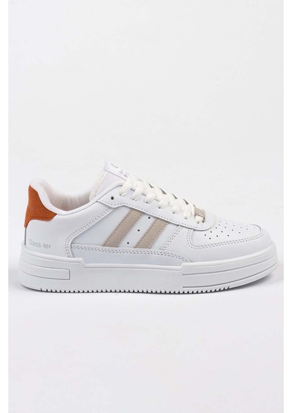 Kadın Sneaker Spor Ayakkabı Mikrofiber Beyaz Oranj Kauçuk Taban Düz Topuk