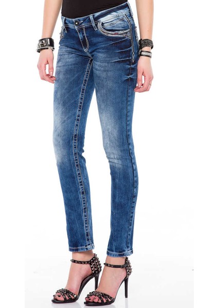 WD352 Cepleri Nakışlı Slim Fit Mavi Bayan Kot Pantolon modelleri
