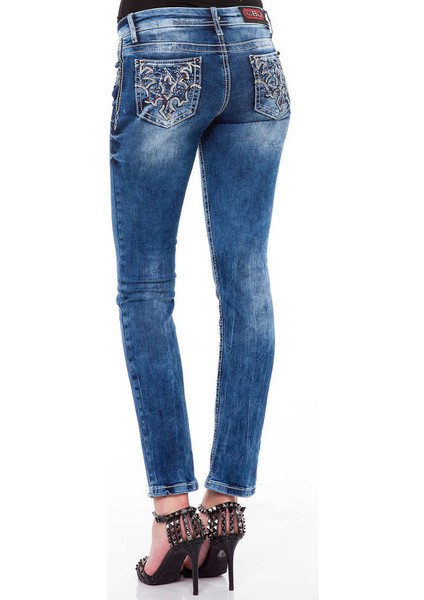 WD352 Cepleri Nakışlı Slim Fit Mavi Bayan Kot Pantolon fırsatları