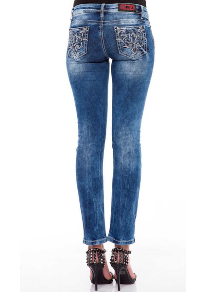 WD352 Cepleri Nakışlı Slim Fit Mavi Bayan Kot Pantolon indirimleri