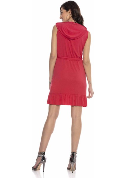 WY136 Kapşonlu Taşlı Mini Kırmızı Elbise modelleri