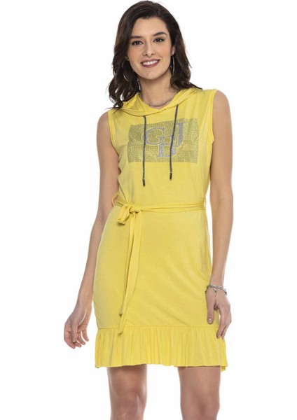 WY136 Kapşonlu Taşlı Mini Sarı Elbise