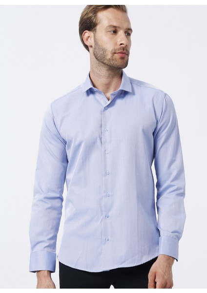 Klasik Yaka Armürlü Mavi Erkek Gömlek GM2024700322