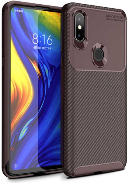 Xiaomi Mi Mix 3 Kılıf Karbon Dokulu Silikon - Kahverengi