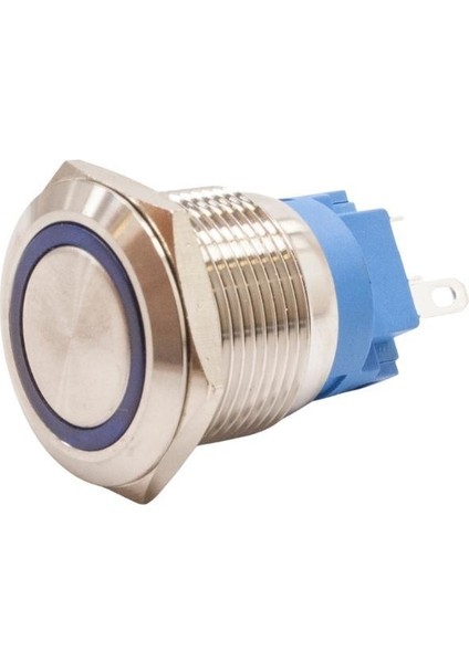 19A-P1-E 19MM Düz Yaylı Işıklı Metal Buton - Mavi