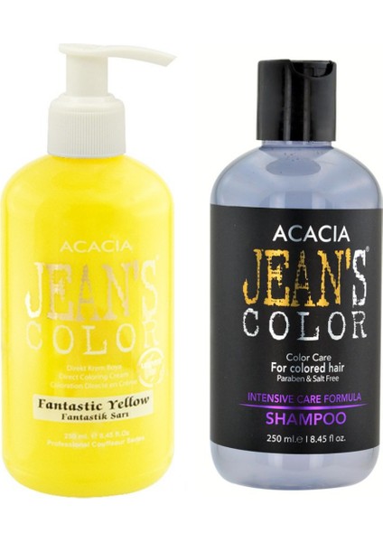 Acacia Jeans Color Boya Koruyucu Şampuan 250 ml ve Renkli Saç Boyası Fantastik Sarı 250 ml