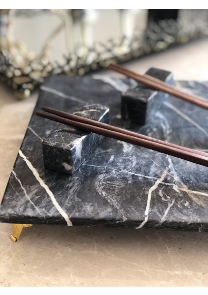 Lux & Marble Dark Sahara - Siyah Mermer Pirinç Ayaklı Servis - Sunumluk indirimleri