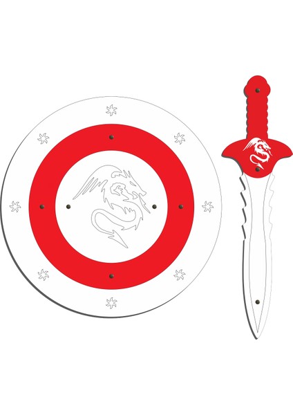 Ahşap Oyuncak Seti 2’li, Ejderha Figürlü Kalkan ve Kılıç