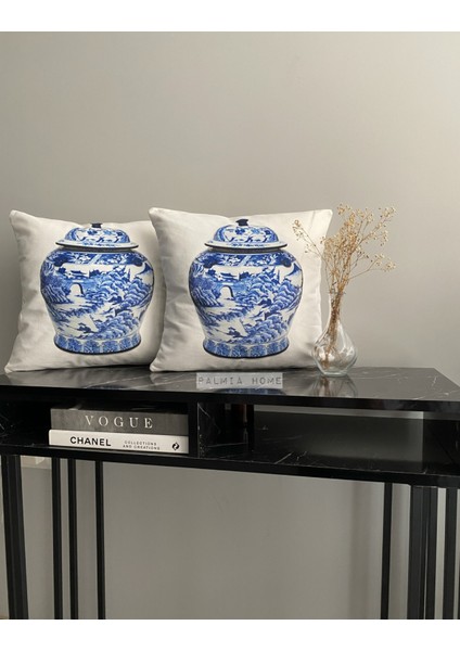 Bleu Blanc Vazo Desenli Dekoratif 2'li Kırlent Kılıfı Seti