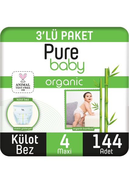 Pure Baby Organik Bambu Özlü Külot Bez 3'lü Paket 4 Numara Maxi 144 Adet