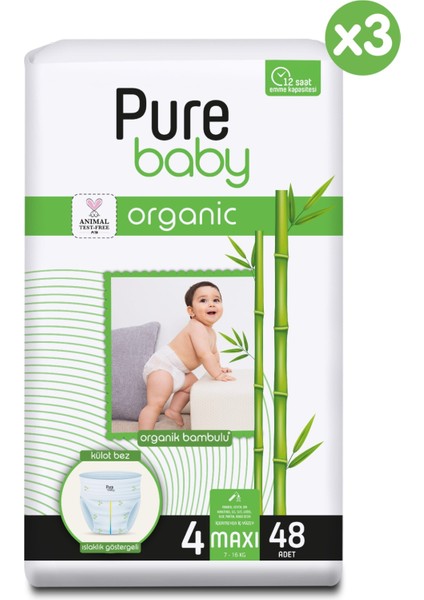 Pure Baby Organik Bambu Özlü Külot Bez 3'lü Paket 4 Numara Maxi 144 Adet