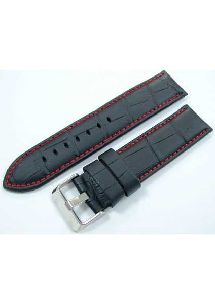 Bizon Deri Saat Kayışı 20MM Siyah Saat Kordonu Kırmızı Dikişli Kr