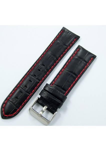 Bizon Deri Saat Kordonu 22MM Siyah Kayışı Kırmızı Dikişli Krokodil Spor