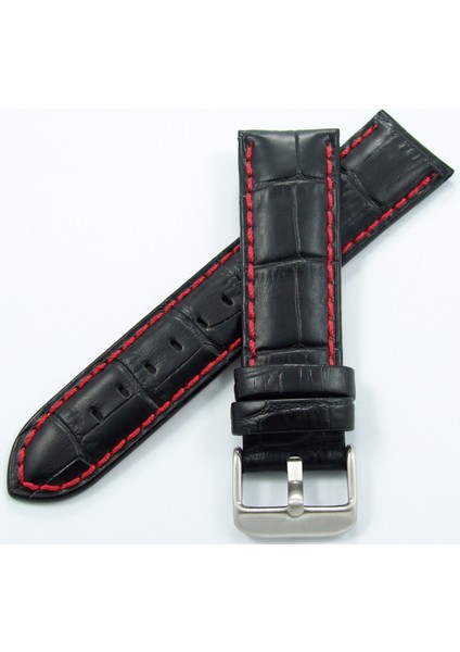Bizon Deri Saat Kordonu 22MM Siyah Kayışı Kırmızı Dikişli Krokodil Spor fiyatları