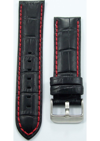 Bizon Deri Saat Kordonu 22MM Siyah Kayışı Kırmızı Dikişli Krokodil Spor fırsatları