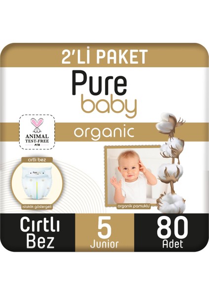 Pure Baby Organik Pamuklu Cırtlı Bez 2'li Paket 5 Numara Junior 80 Adet