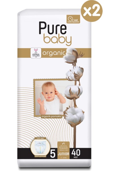 Pure Baby Organik Pamuklu Cırtlı Bez 2'li Paket 5 Numara Junior 80 Adet