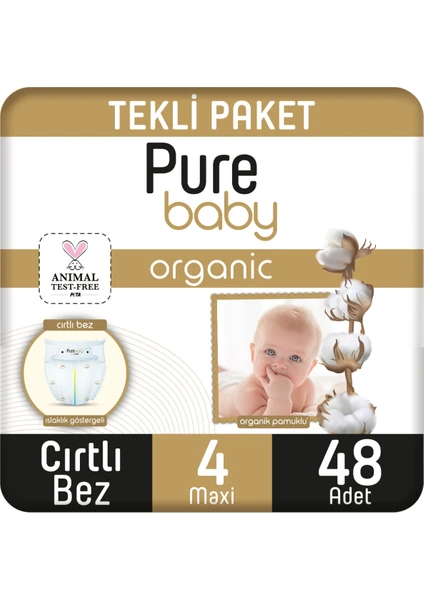 Pure Baby Organik Pamuklu Cırtlı Bez Tekli Paket 4 Numara Maxi 48 Adet