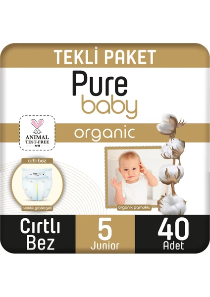 Pure Baby Organik Pamuklu Cırtlı Bez Tekli Paket 5 Numara Junior 40 Adet