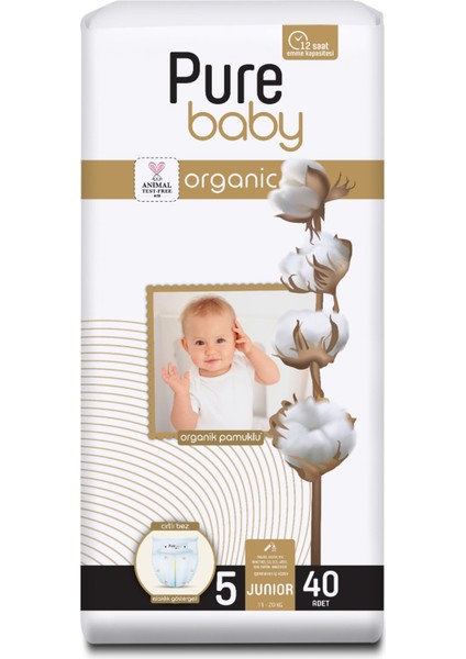 Pure Baby Organik Pamuklu Cırtlı Bez Tekli Paket 5 Numara Junior 40 Adet