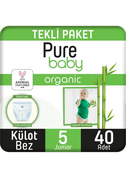 Pure Baby Organik Bambu Özlü Külot Bez Tekli Paket 5 Numara Junior 40 Adet