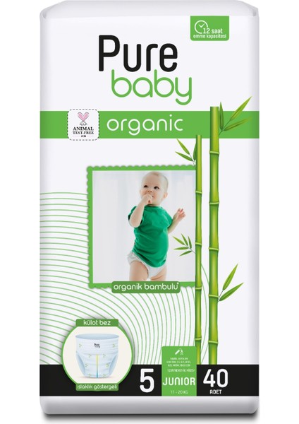 Pure Baby Organik Bambu Özlü Külot Bez Tekli Paket 5 Numara Junior 40 Adet