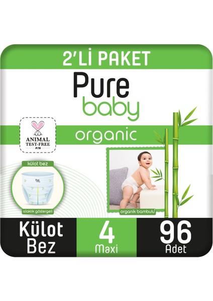 Pure Baby Organik Bambu Özlü Külot Bez 2'li Paket 4 Numara Maxi 96 Adet