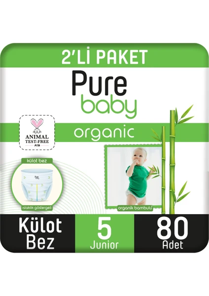 Pure Baby Organik Bambu Özlü Külot Bez 2'li Paket 5 Numara Junior 80 Adet