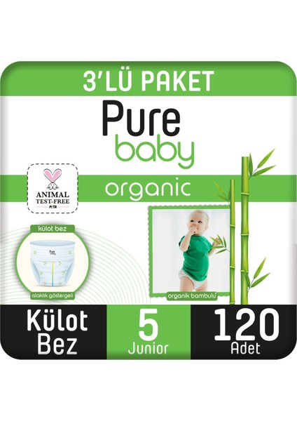 Pure Baby Organik Bambu Özlü Külot Bez 3'lü Paket 5 Numara Junior 120 Adet