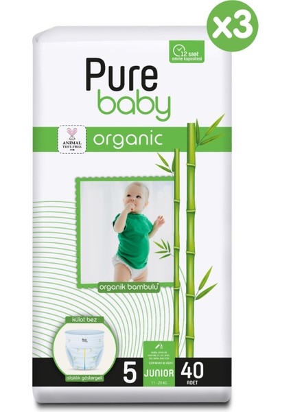 Pure Baby Organik Bambu Özlü Külot Bez 3'lü Paket 5 Numara Junior 120 Adet