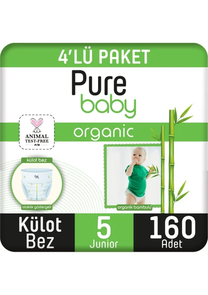 Pure Baby Organik Bambu Özlü Külot Bez 4'lü Paket 5 Numara Junior 160 Adet