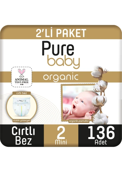 Pure Baby Organik Pamuklu Cırtlı Bez 2'li Paket 2 Numara Mini 136 Adet