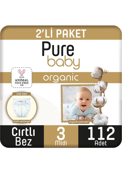 Pure Baby Organik Pamuklu Cırtlı Bez 2'li Paket 3 Numara Midi 112 Adet