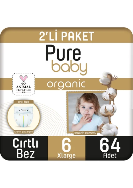 Pure Baby Organik Pamuklu Cırtlı Bez 2'li Paket 6 Numara Xlarge 64 Adet