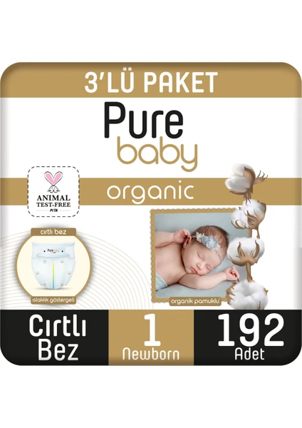 Pure Baby Organik Pamuklu Cırtlı Bez 3'lü Paket 1 Numara Yenidogan 192 Adet