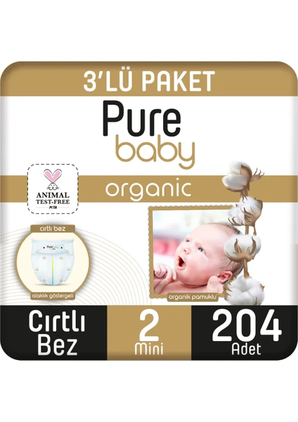 Pure Baby Organik Pamuklu Cırtlı Bez 3'lü Paket 2 Numara Mini 204 Adet