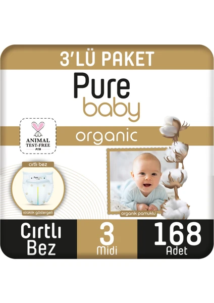 Pure Baby Organik Pamuklu Cırtlı Bez 3'lü Paket 3 Numara Midi 168 Adet