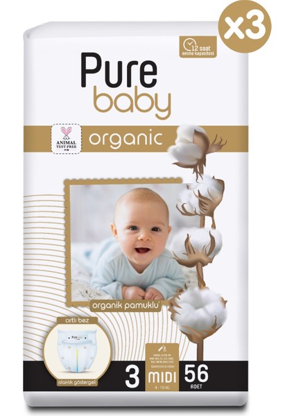 Pure Baby Organik Pamuklu Cırtlı Bez 3'lü Paket 3 Numara Midi 168 Adet