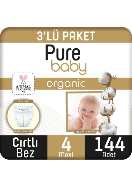 Pure Baby Organik Pamuklu Cırtlı Bez 3'lü Paket 4 Numara Maxi 144 Adet