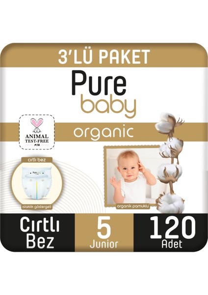 Pure Baby Organik Pamuklu Cırtlı Bez 3'lü Paket 5 Numara Junior 120 Adet