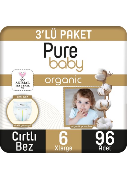 Pure Baby Organik Pamuklu Cırtlı Bez 3'lü Paket 6 Numara Xlarge 96 Adet