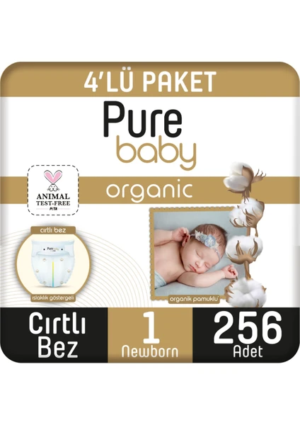 Pure Baby Organik Pamuklu Cırtlı Bez 4'lü Paket 1 Numara Yenidogan 256 Adet