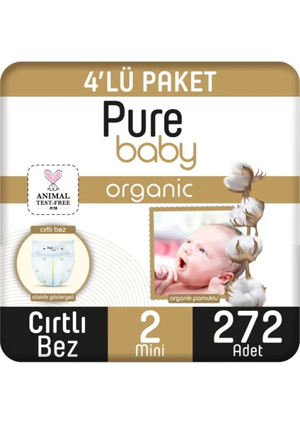 Pure Baby Organik Pamuklu Cırtlı Bez 4'lü Paket 2 Numara Mini 272 Adet