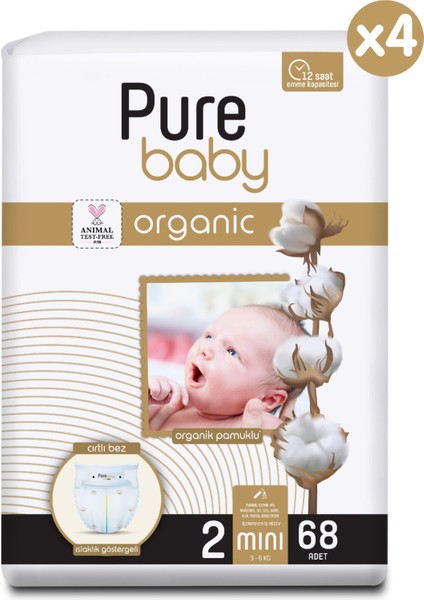 Pure Baby Organik Pamuklu Cırtlı Bez 4'lü Paket 2 Numara Mini 272 Adet